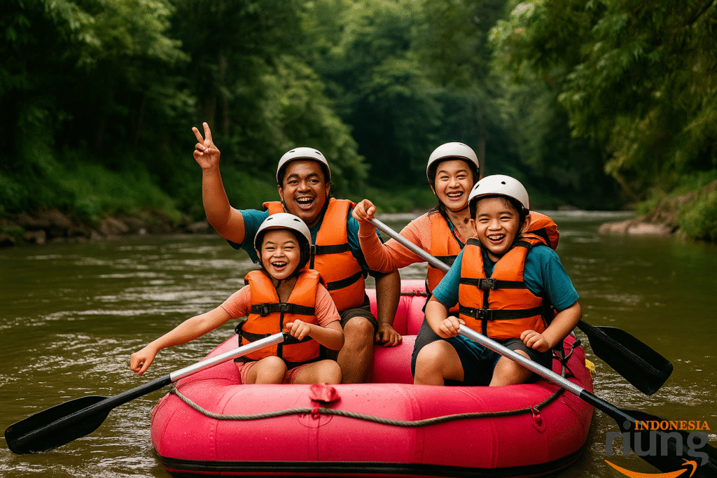 Peserta rafting menikmati jeram dengan pemandu profesional.