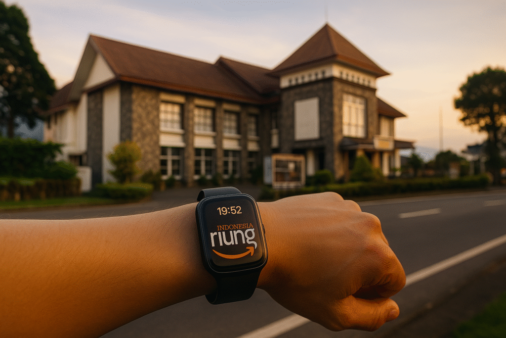 Tampak depan Hotel Bukit Indah Puncak dengan latar pegunungan hijau