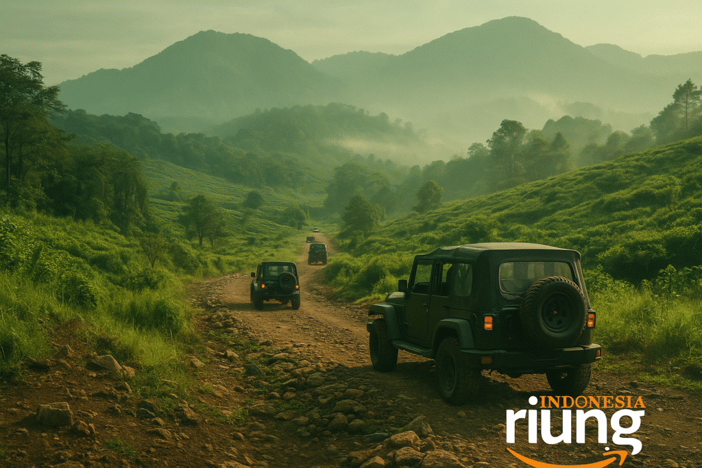 jeep offroad melintas jalur Telaga Saat Puncak Bogor