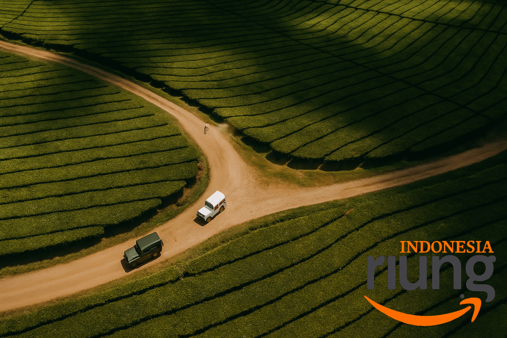 Paket offroad Gunung Mas harga terbaru 2025 dengan konvoi jeep keluarga melewati area kebun teh luas.