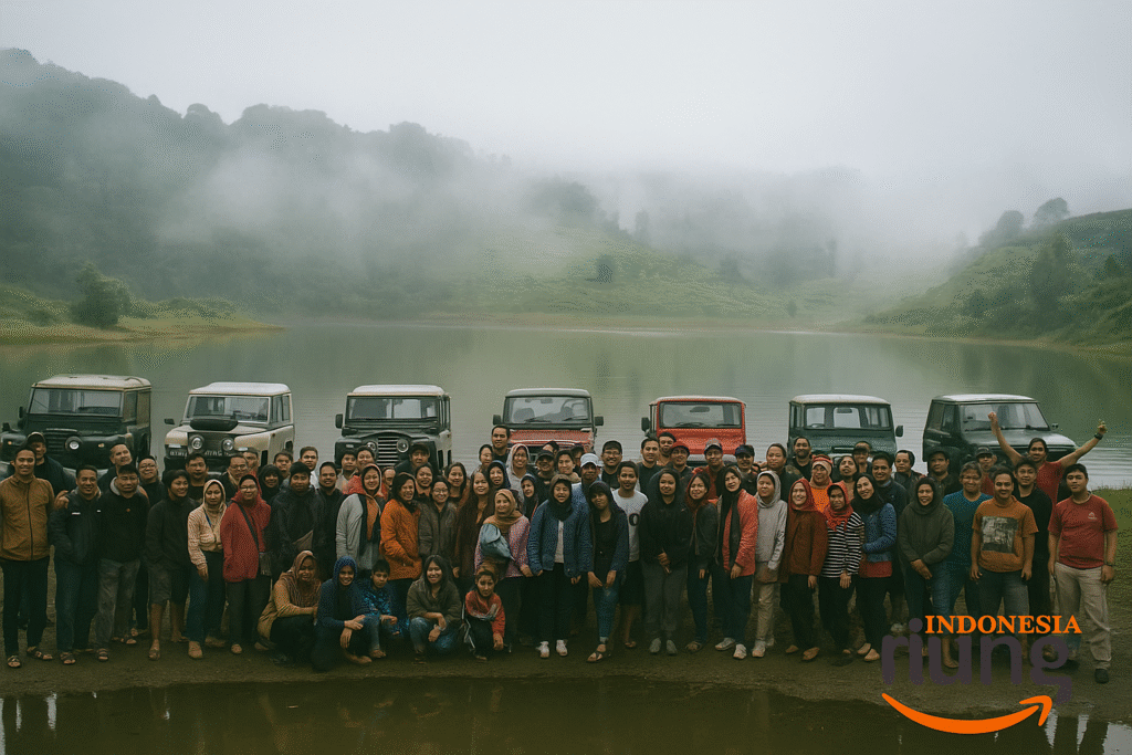 Dokumentasi komunitas menyelesaikan perjalanan offroad Puncak dan berfoto bersama di area kebun teh terbuka