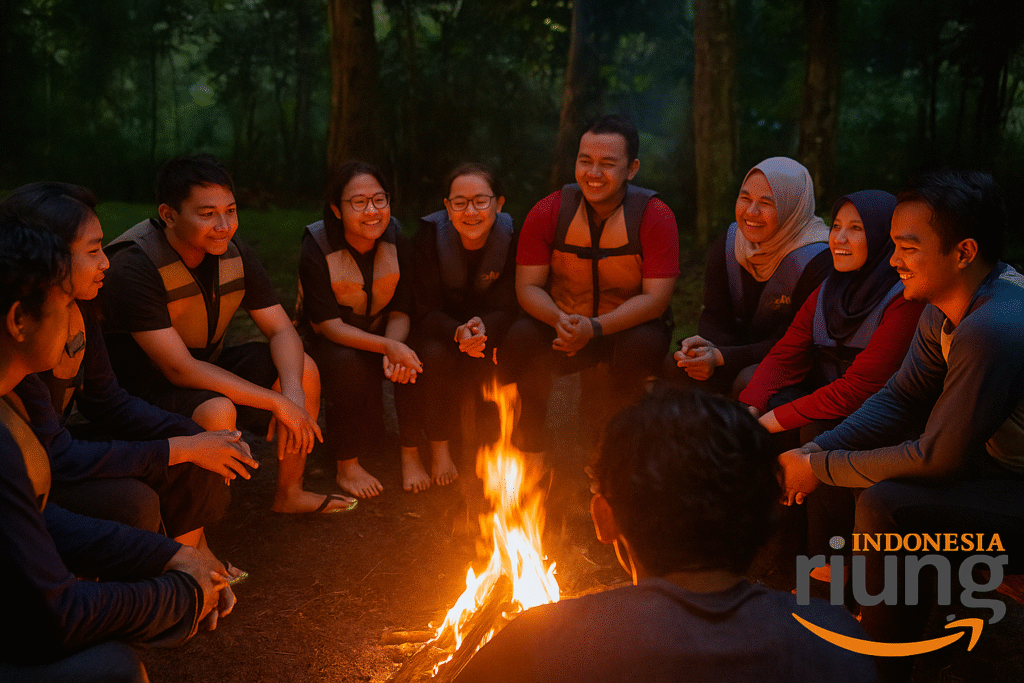 Peserta Riung Indonesia berdiskusi dalam sesi refleksi setelah pengarungan, suasana hangat dan penuh makna