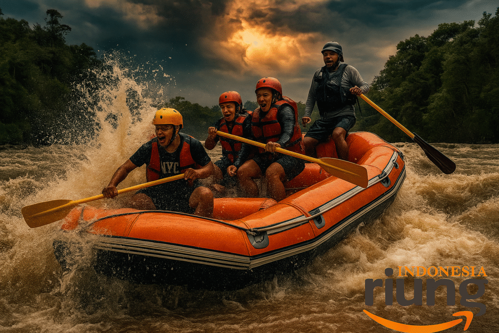 Komunitas mendayung bersama pada paket rafting sebelas kilometer di Cisadane