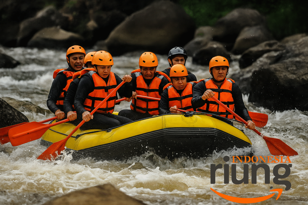 Tim peserta rafting perusahaan melintasi jeram Sungai Citarik dengan semangat dan koordinasi.