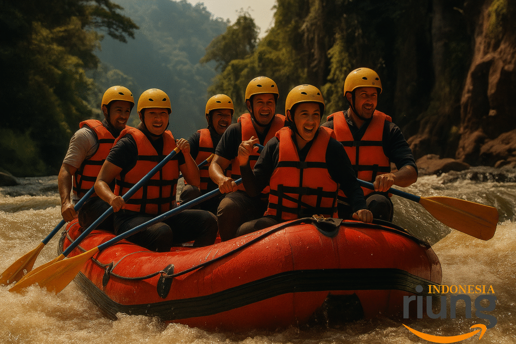Tim perusahaan melakukan rafting di Sungai Citatih Sukabumi