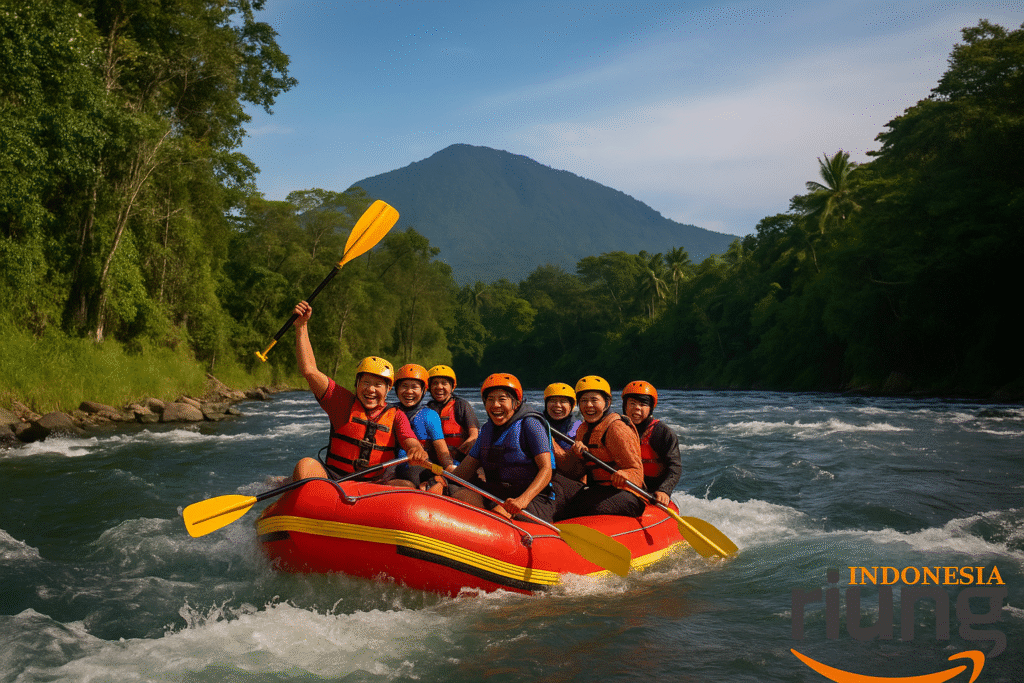 Rafting di Sungai Cisadane dengan latar hutan tropis Bogor dan langit biru