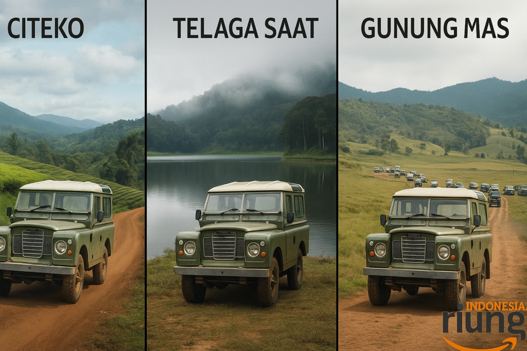 Dokumentasi perjalanan membandingkan jalur Citeko, Telaga Saat, dan Gunung Mas menggunakan jeep Land Rover Series 2