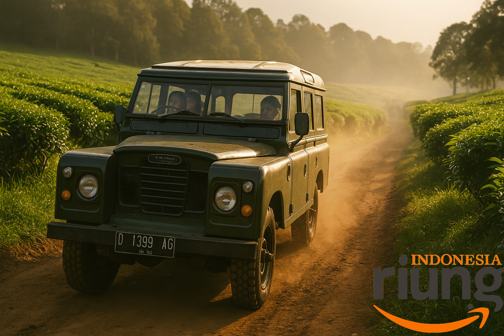 Ilustrasi jeep Land Rover Series 2 untuk paket offroad Puncak dengan latar perbukitan dan jalur aman.