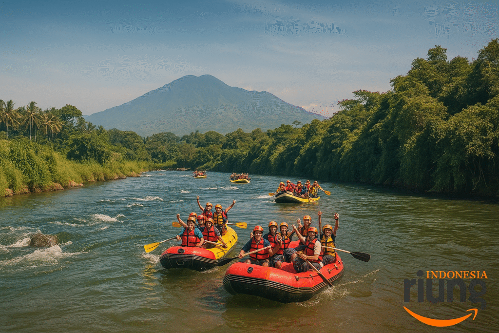 Peserta rafting menikmati pengarungan di Sungai Cisadane Bogor dengan suasana cerah