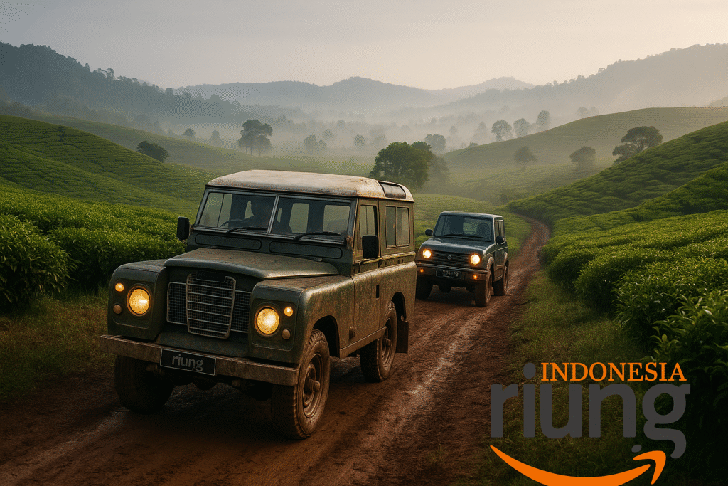 Aktivitas fun offroad komunitas di jalur tanah Gunung Mas dengan suasana pagi berkabut alami