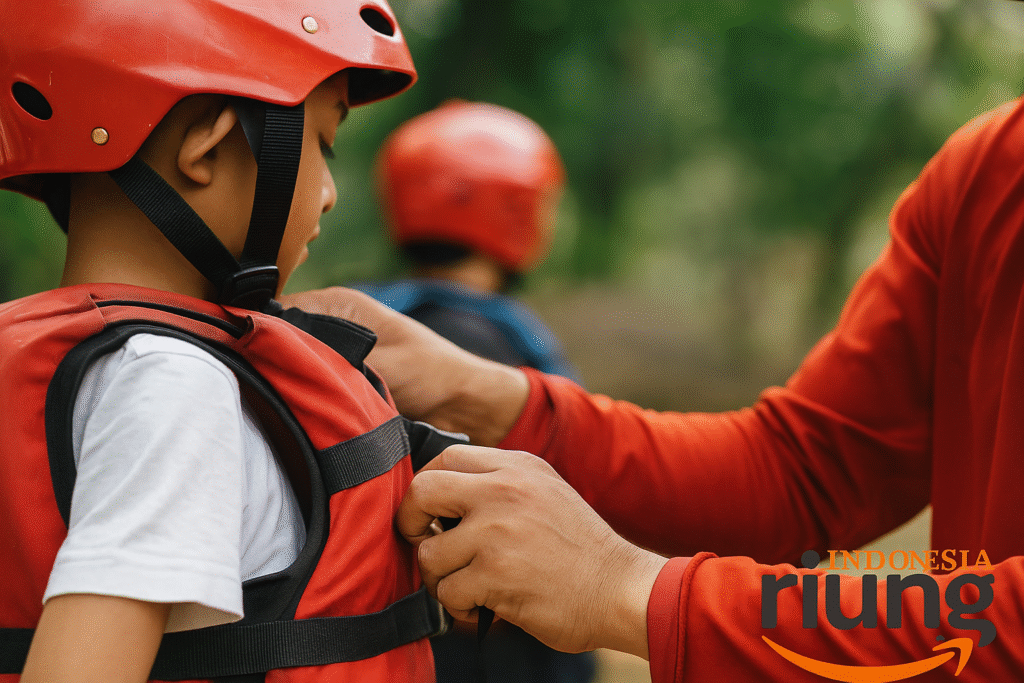 Peserta rafting memakai helm dan pelampung saat persiapan pengarungan Cisadane