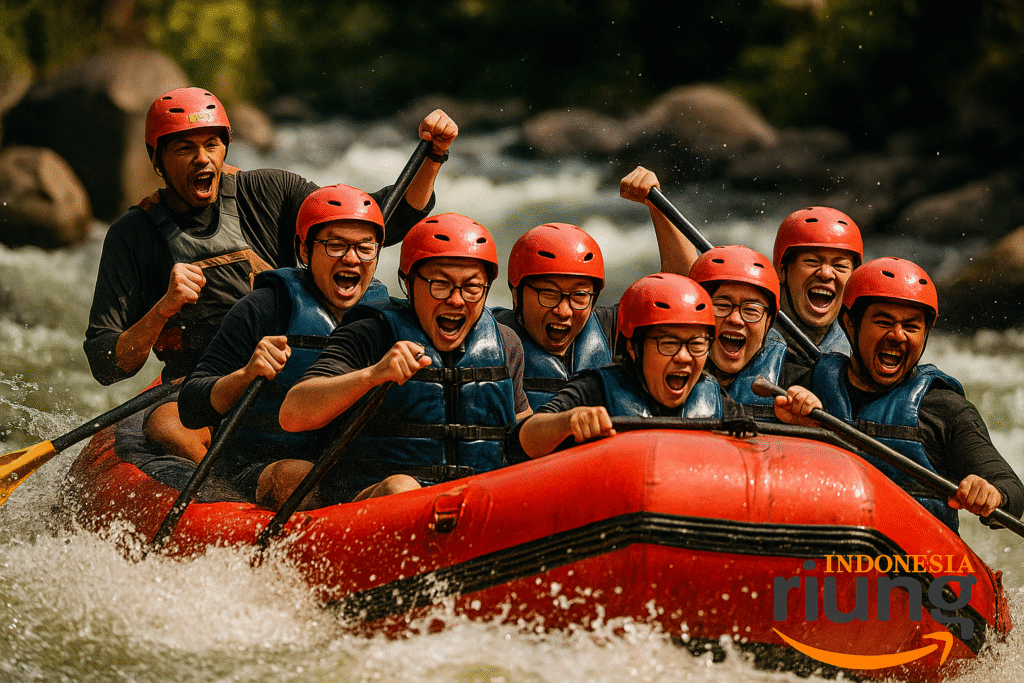 Perahu rafting melintasi jeram dalam acara team building