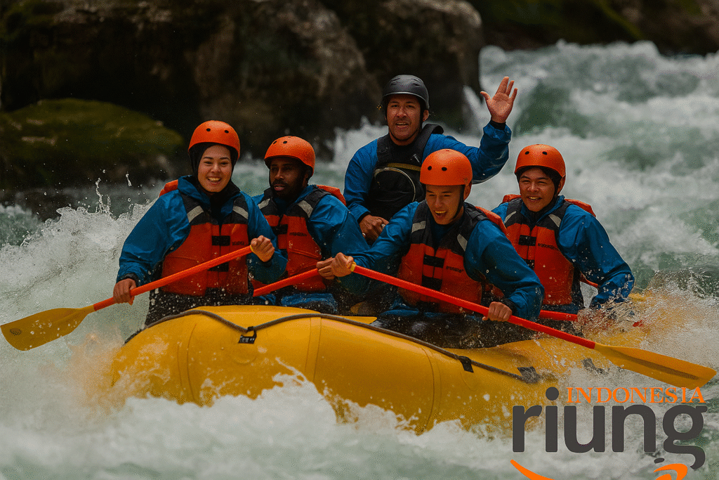 Perahu rafting melintas jeram Cisadane dengan aman