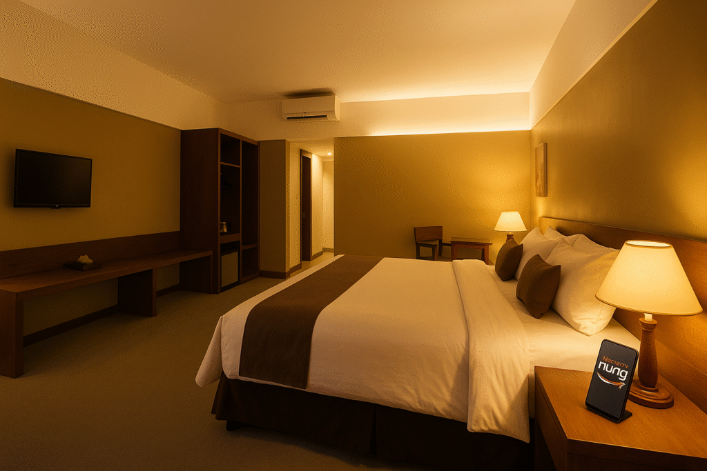 kamar dengan balkon menghadap taman