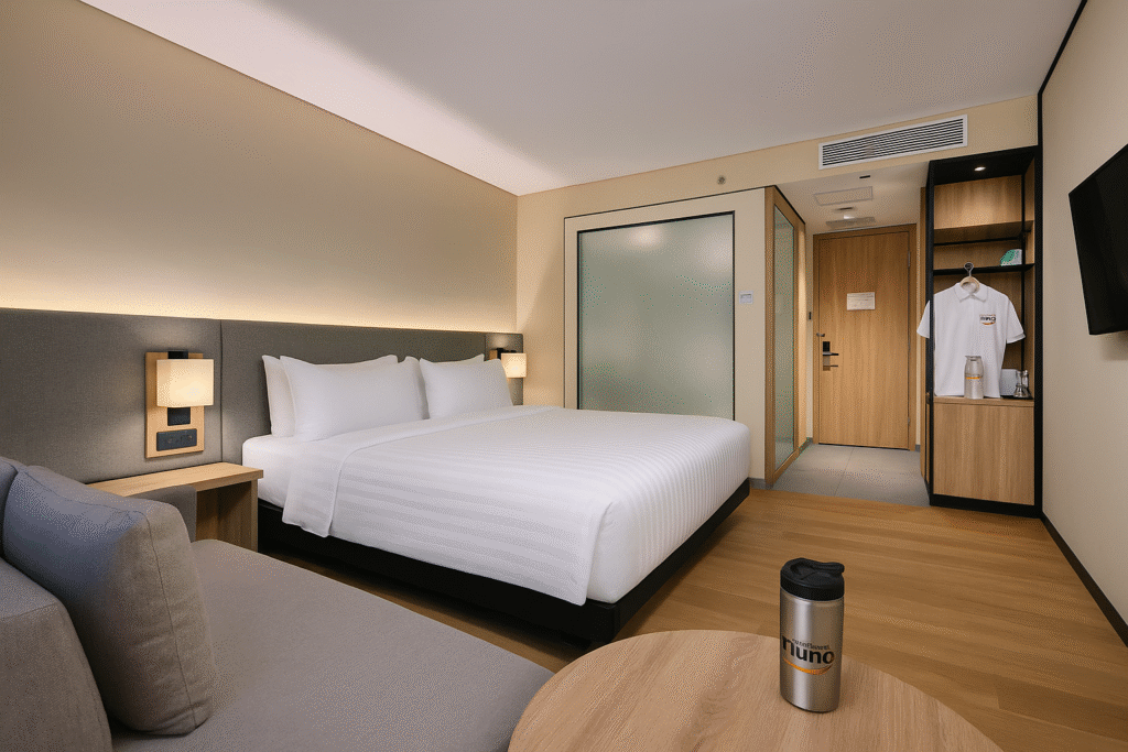 Kamar suite mewah Grand Aston Puncak dengan balkon pribadi menghadap Gunung Pangrango.