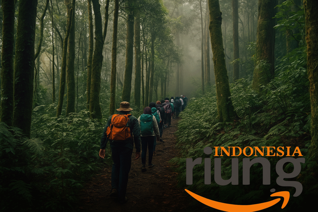 Kelompok outing di jalur trekking Gunung Kencana via Paseban