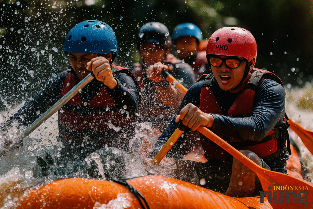 Tim rafting melintasi jeram Cisadane dengan percikan air dan ekspresi gembira