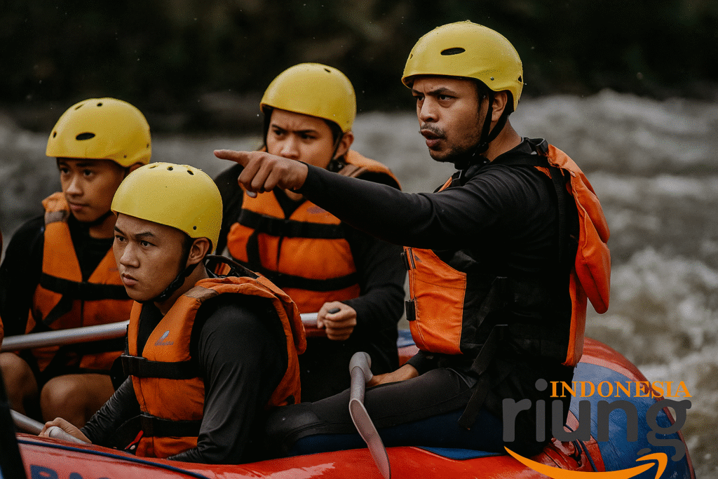 Pemimpin tim rafting memberi komando dengan tegas di tengah arus deras, menggambarkan kepemimpinan alami
