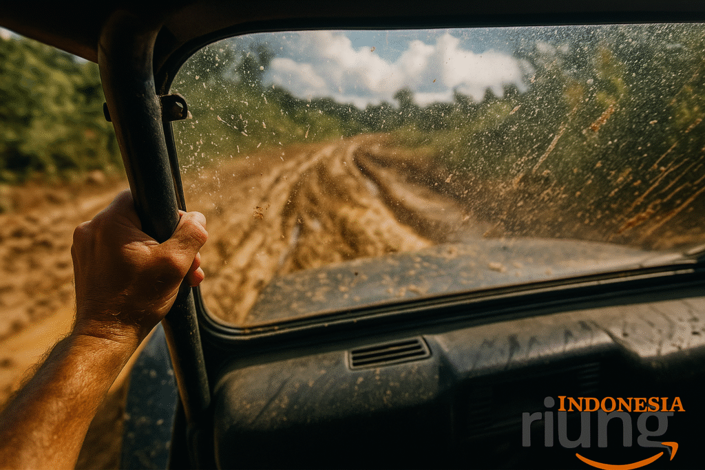 Jeep offroad Puncak Bogor di jalur lumpur perkebunan teh