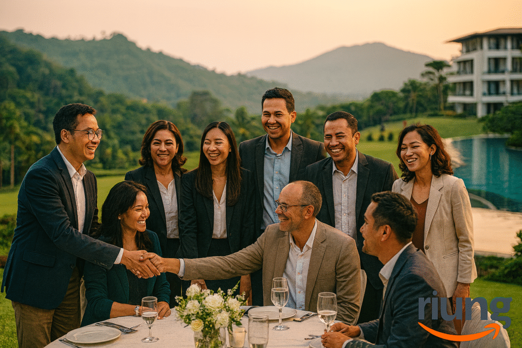 Sesi foto bersama peserta gathering di garden Royal Tulip Gunung Geulis