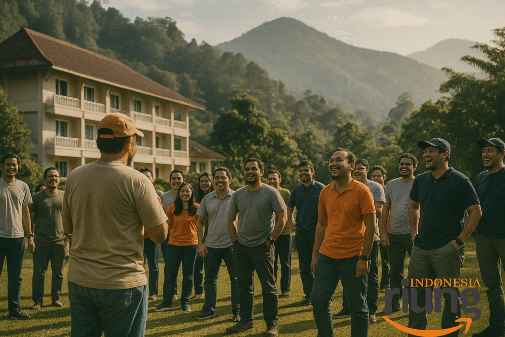 Games teamwork outdoor di halaman Hotel Bukit Indah Puncak