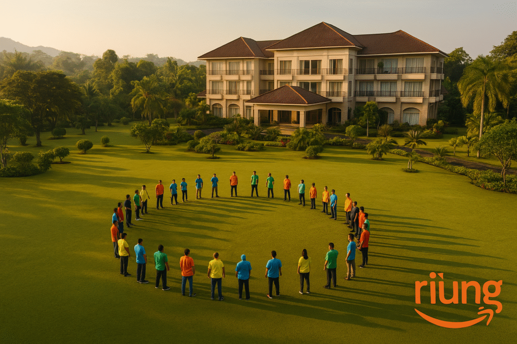 Tim perusahaan melakukan leadership games di area taman