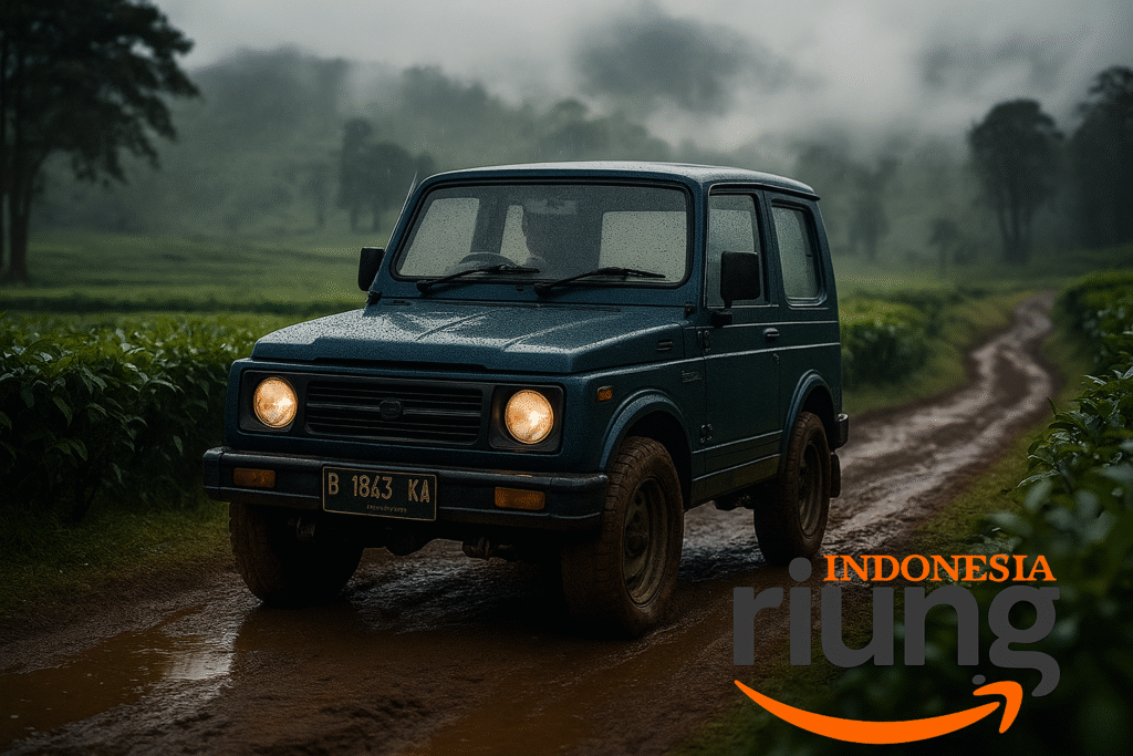 Dokumentasi jeep offroad perusahaan melewati jalur luas Gunung Mas untuk kegiatan team building.