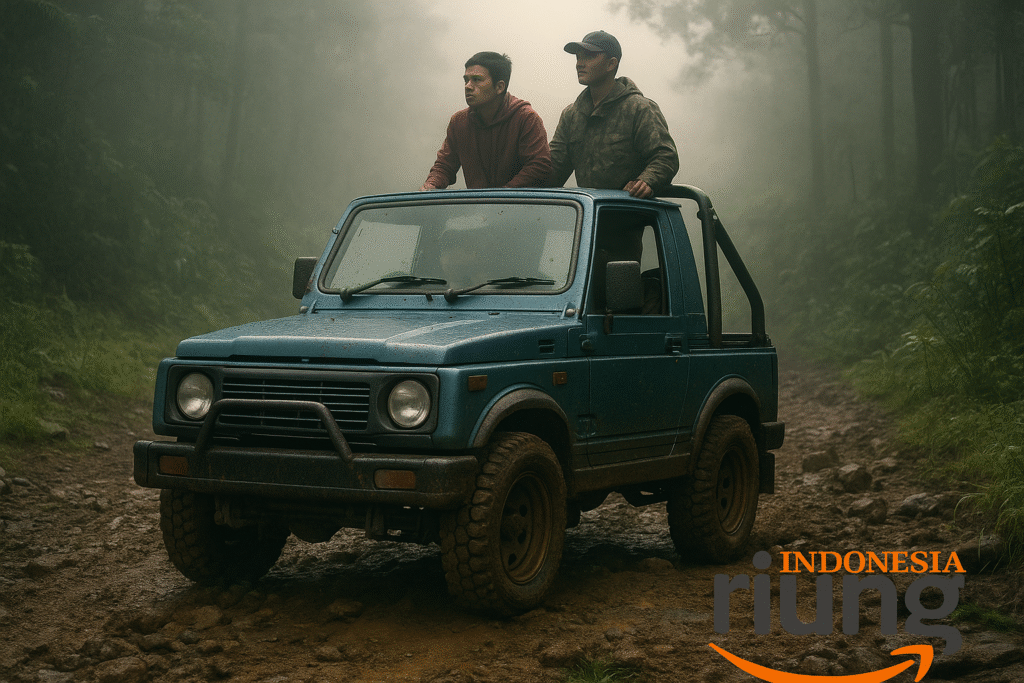 Aktivitas outing kantor dengan jeep offroad di Gunung Mas