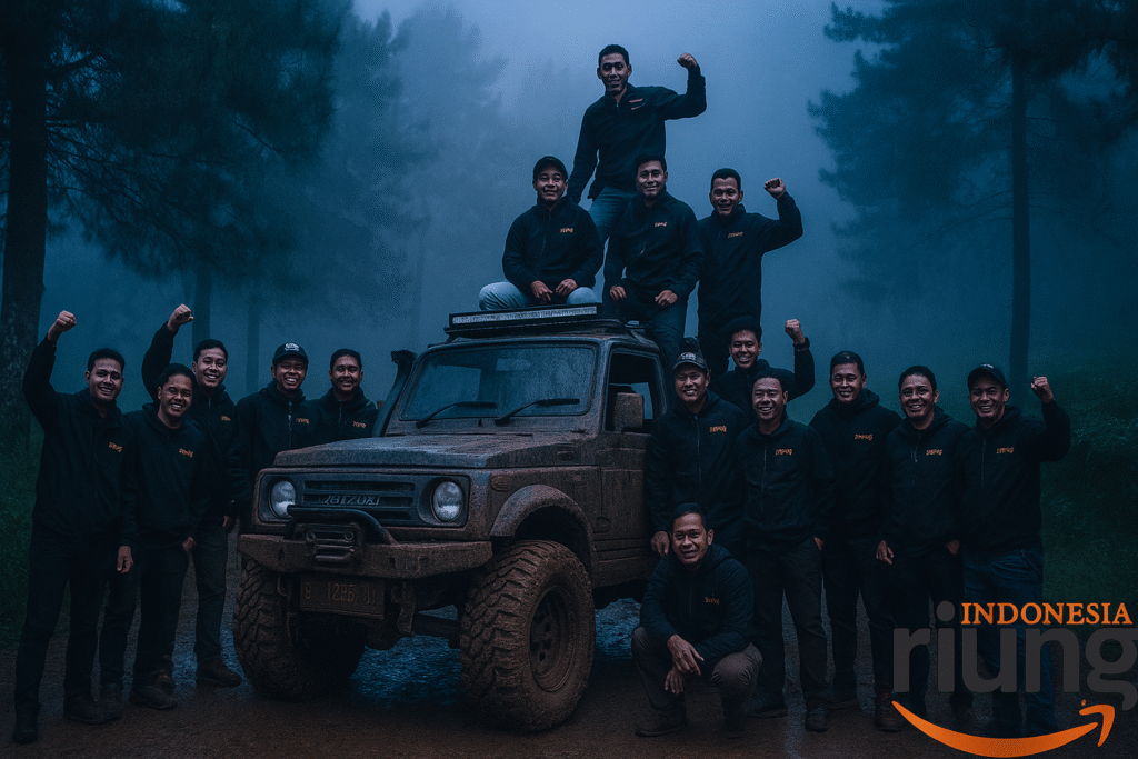 Foto kegiatan outing kantor Puncak menggunakan jeep Suzuki Jimny old tahun 1990 di jalur aman Citeko.