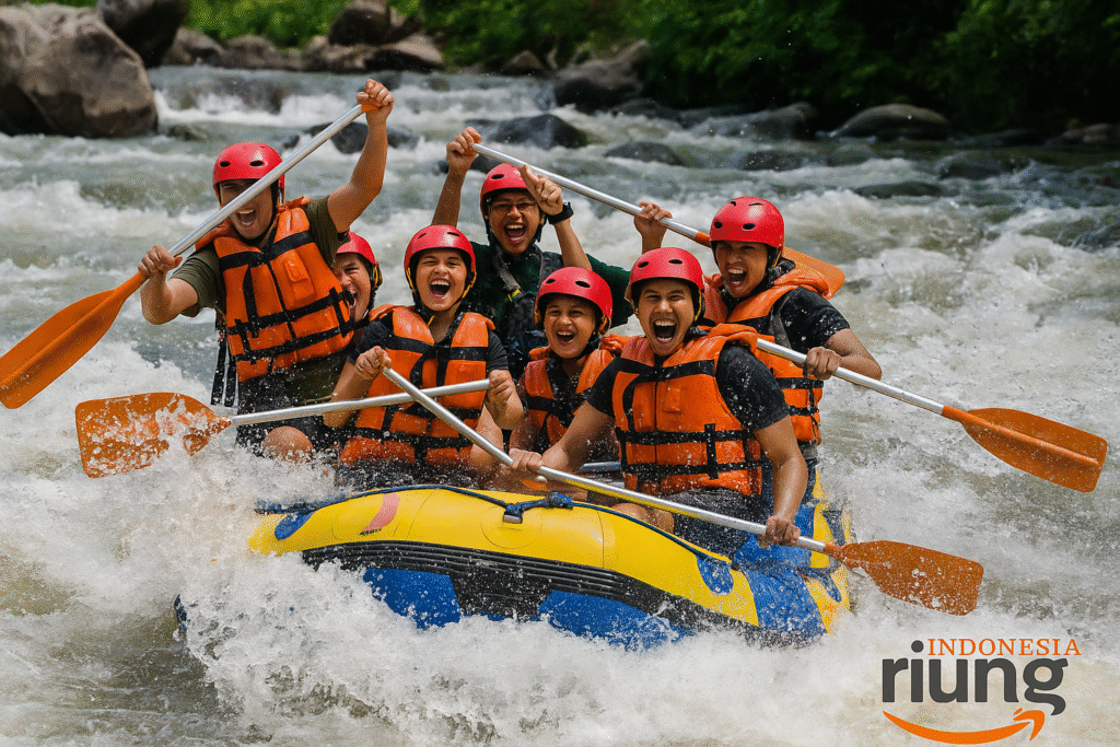 Peserta rafting beraksi menaklukkan jeram bersama