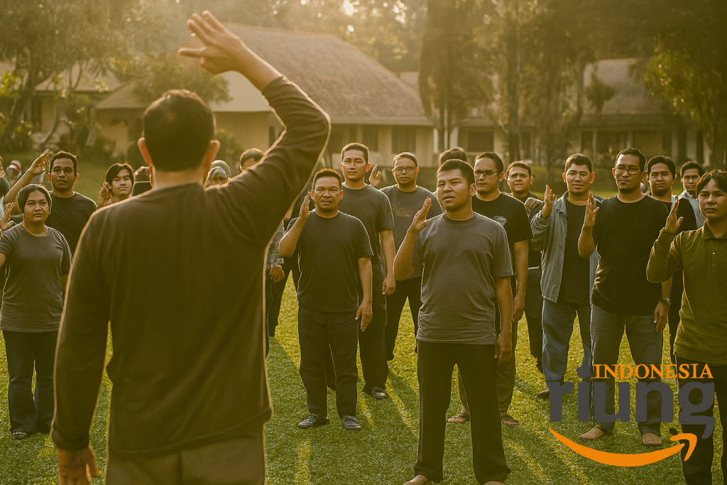 Aktivitas fun games karyawan di halaman hotel Ciloto