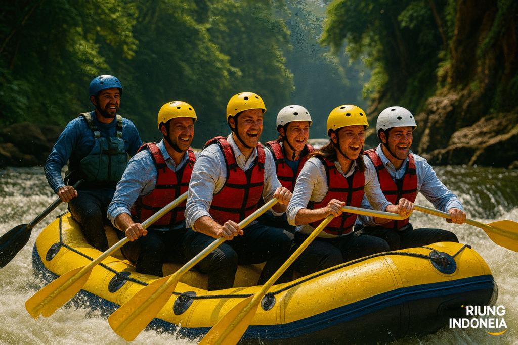 Pemandu profesional memimpin pengarungan corporate rafting