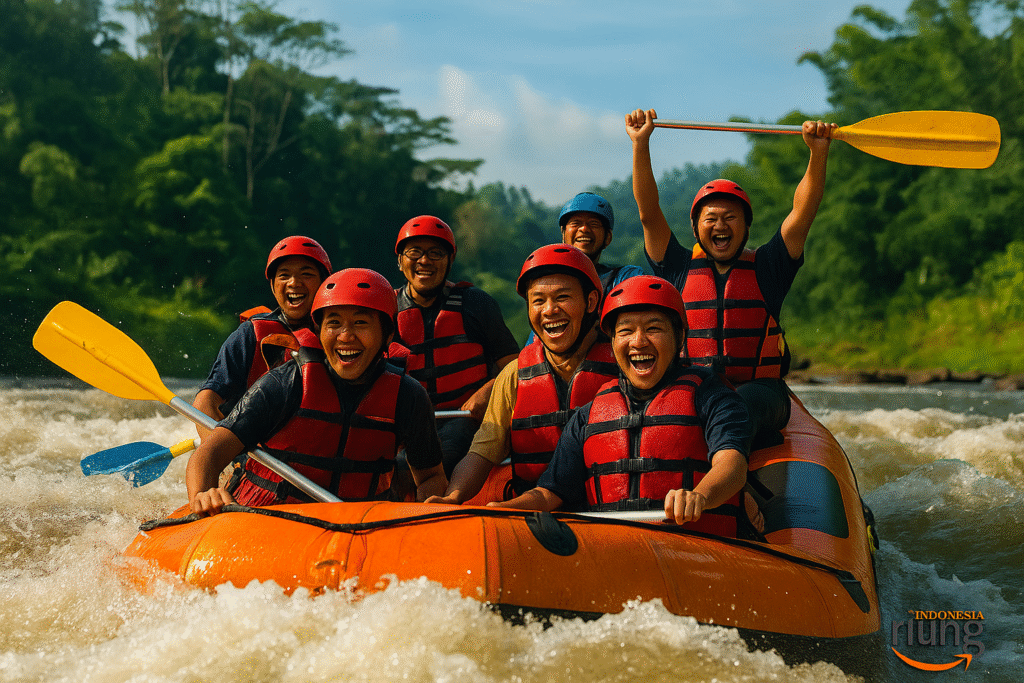 Aktivitas outbound dan rafting di tepi Sungai Citatih