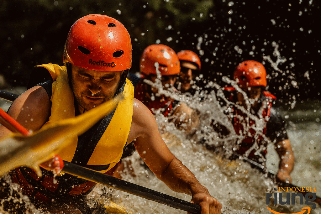 Peserta rafting menunjukkan kekompakan tim saat pengarungan di Sungai Cisadane