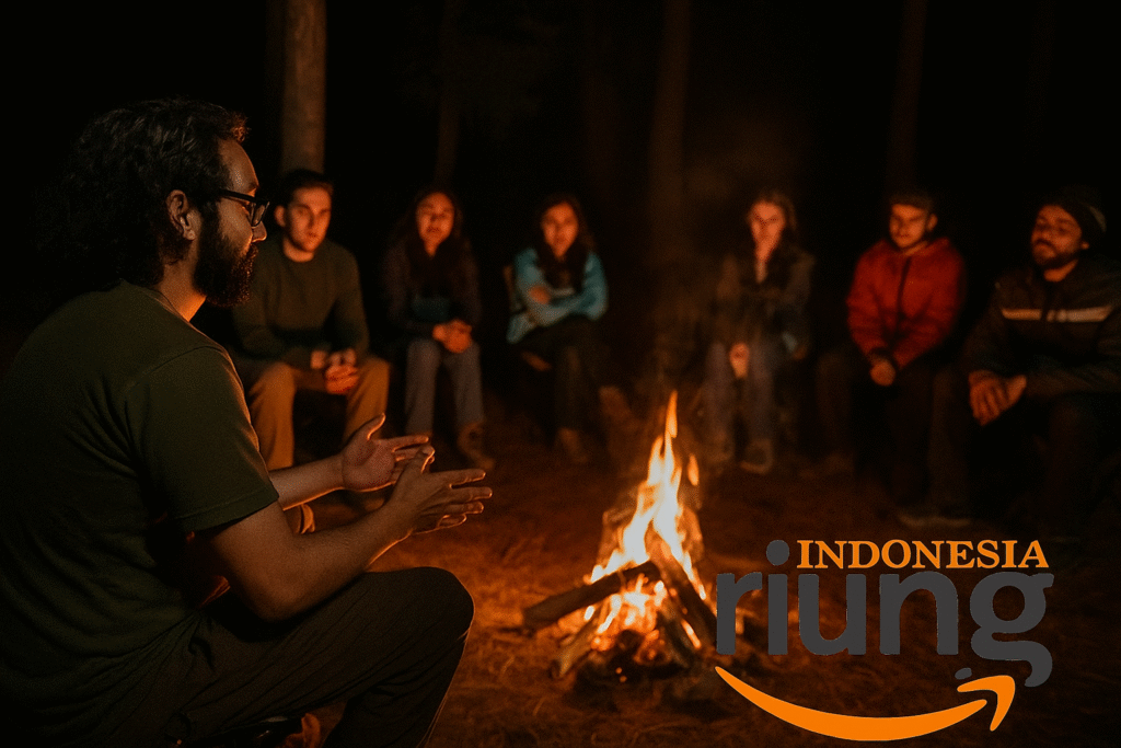 Peserta berdiskusi dan refleksi di sekitar api unggun malam hari di bawah bingbingan fasilitator
