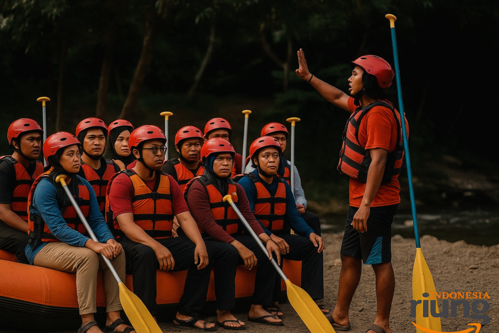 Instruktur memberi briefing keselamatan rafting pemula di tepi Sungai Cisadane