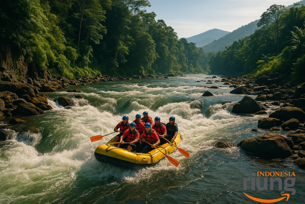 Pemandu rafting memberi instruksi sebelum pengarungan