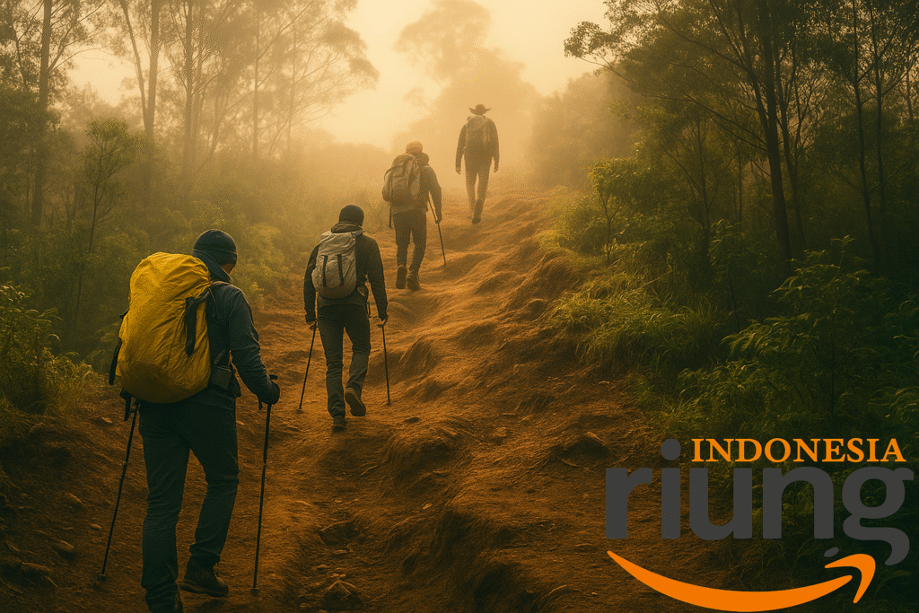 Kelompok outing berjalan di jalur trekking Gunung Kencana