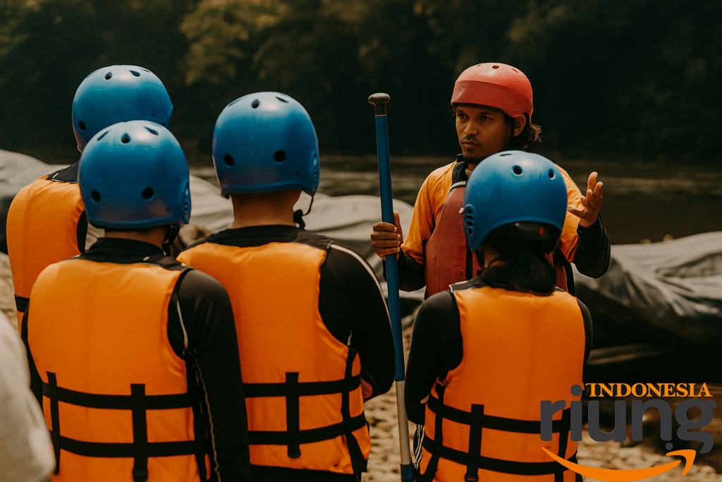 Perlengkapan wajib rafting pemula helm pelampung dayung dan sepatu air di basecamp Cisadane