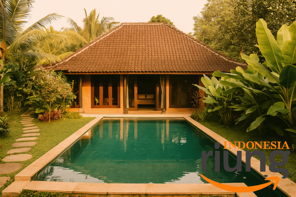 Kolam renang Caldera Resort di tengah pepohonan.