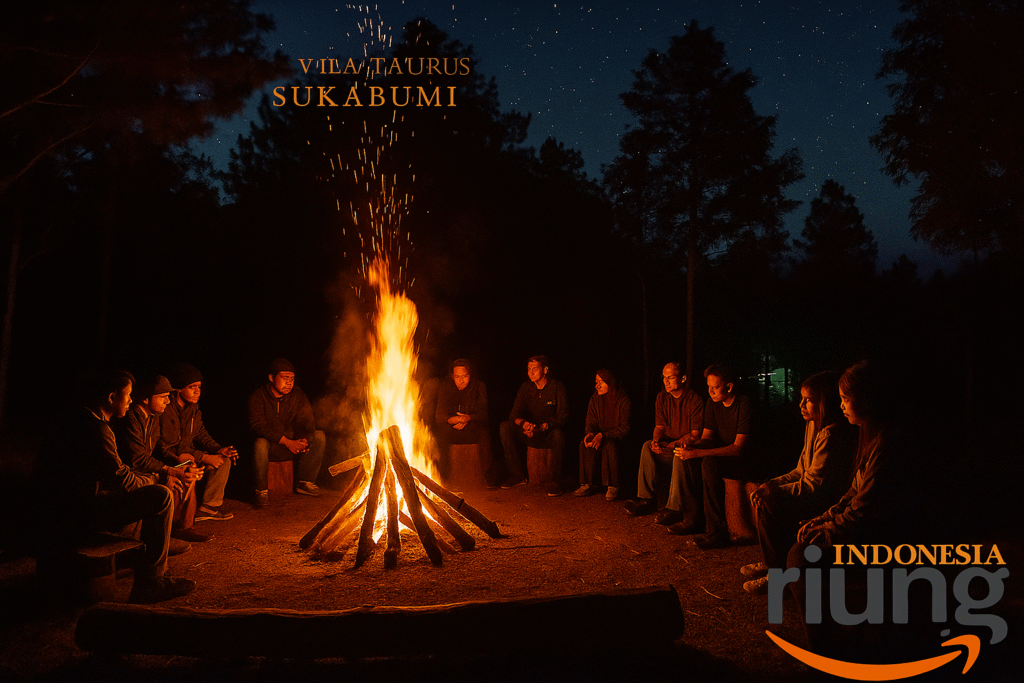 Pemandangan malam api unggun di Villa Taurus.
