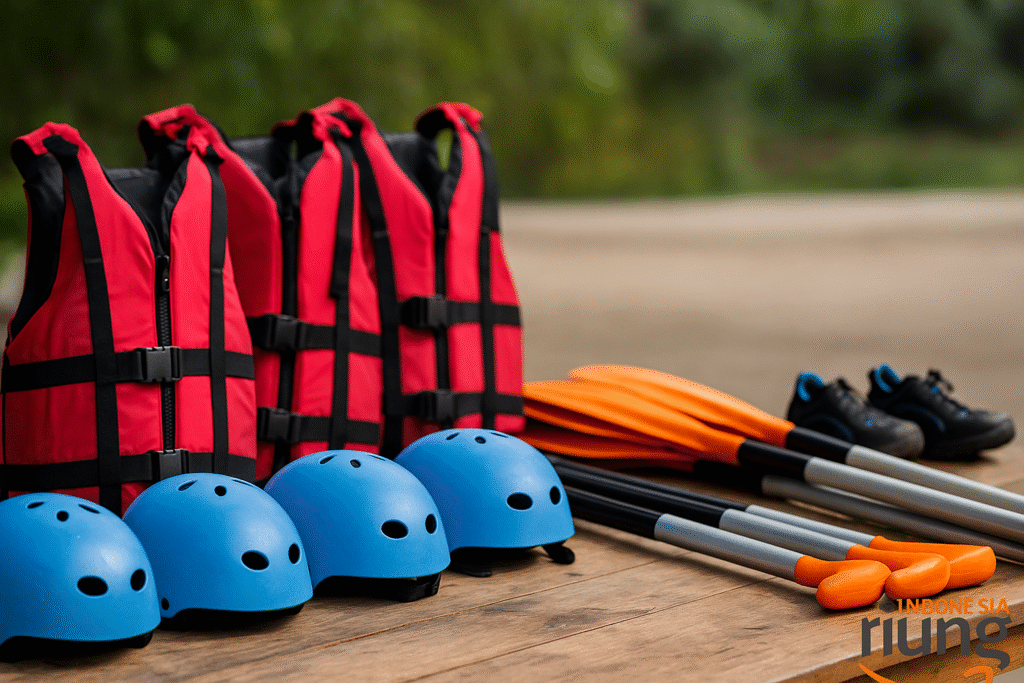 Pemandu memberi pengarahan keselamatan di basecamp rafting Cisadane Bogor