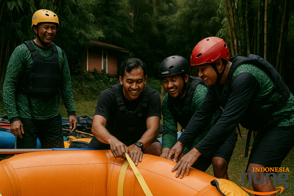 Pemandu rafting memberi pengarahan keselamatan kepada peserta di tepi Sungai Cisadane