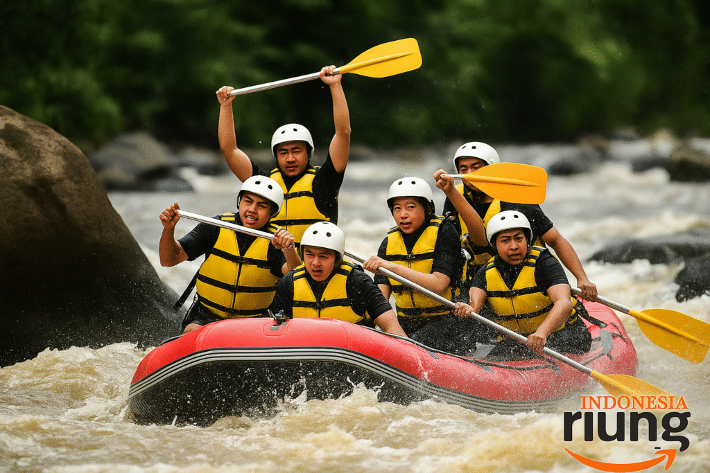 Karyawan mengikuti simulasi tantangan tim di area terbuka dengan latar perbukitan hijau Sukabumi.