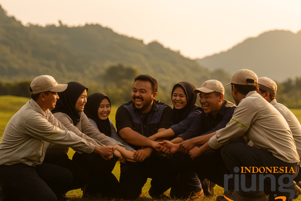 Tim perusahaan berfoto bersama setelah kegiatan corporate camp dan rafting di Sungai Citarik.