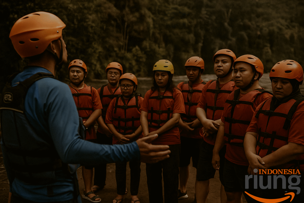Fasilitator Riung Indonesia memimpin pengarahan peserta sebelum arung jeram dimulai, suasana profesional dan bersemangat di tepi Sungai Citarik