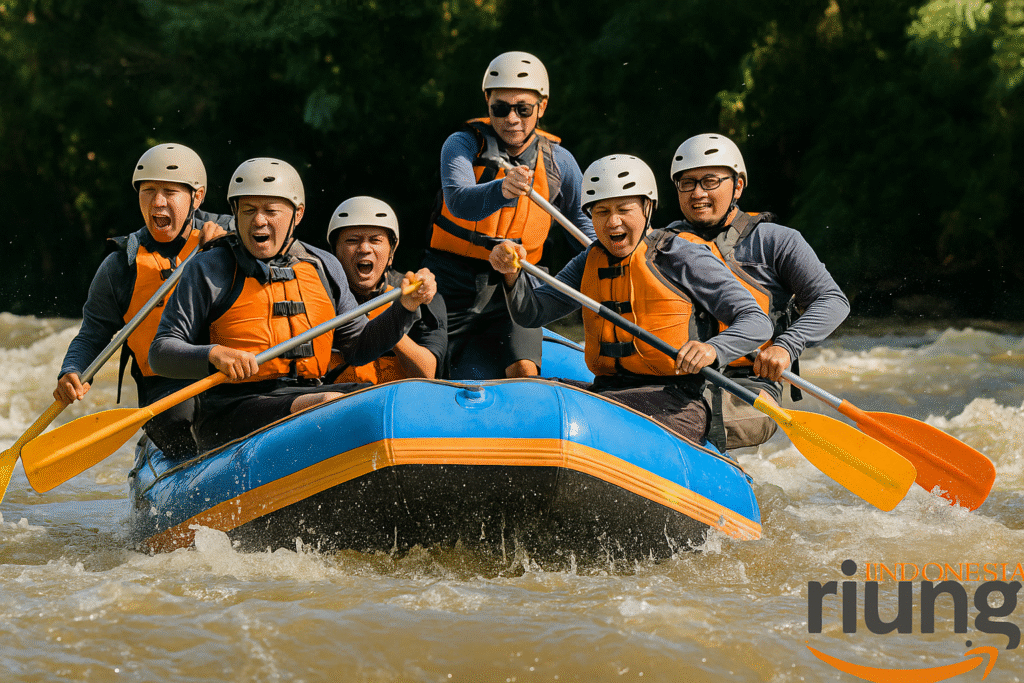 Peserta corporate rafting Riung Indonesia berfoto bersama setelah kegiatan selesai, ekspresi bahagia dan rasa kebersamaan