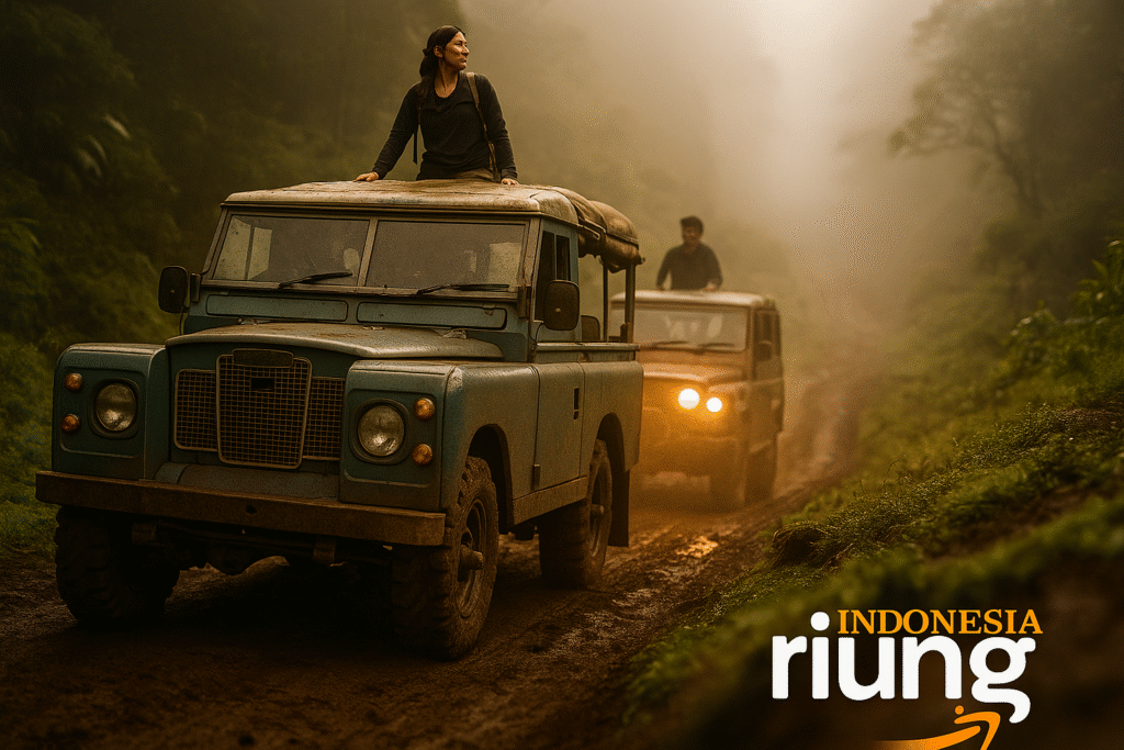 Jeep Land Rover Series 3 membawa rombongan kantor melintasi jalur kebun teh Puncak