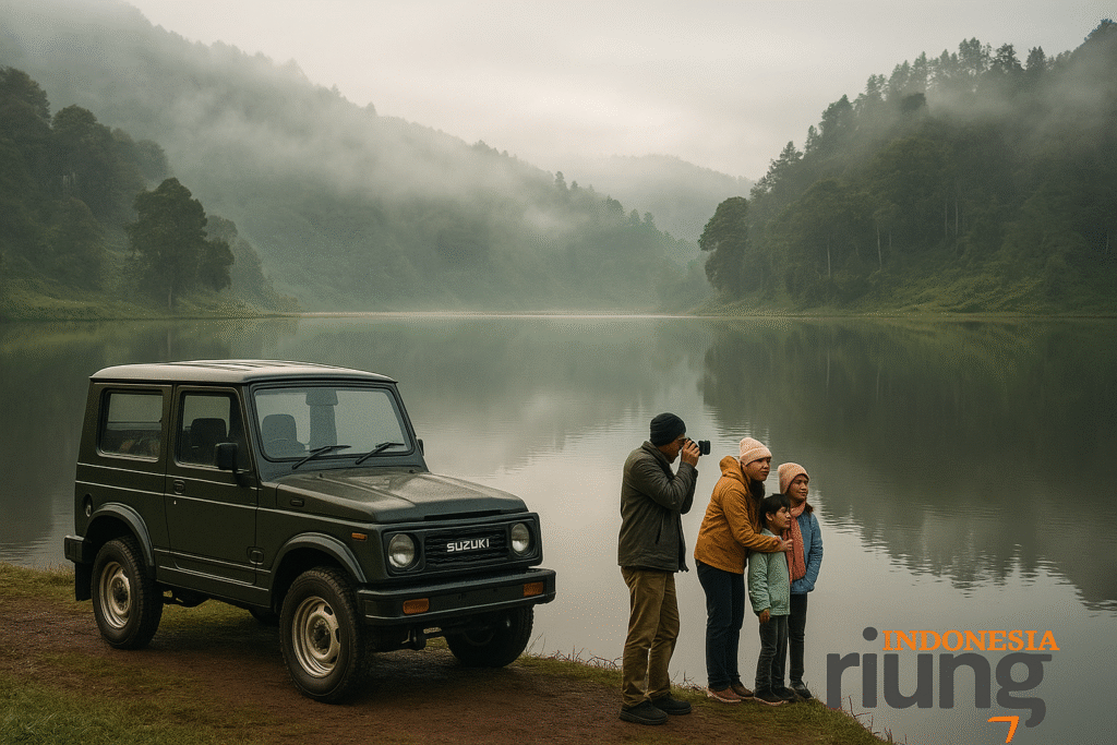 Daftar harga offroad Telaga Saat 2025 dengan jeep Jimny old tahun 1990 di tepi danau