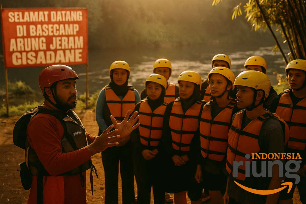 Pemandu Riung Indonesia memberikan briefing keselamatan rafting kepada peserta